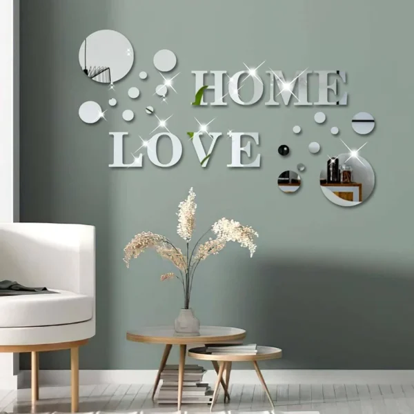3D Wall Decor Home Sign & Love Letters and Round Shaped,DIY Mirror Effect Wall Decals Removable Decor for Living Room Bedroom TV Background,Modern Fashion Home Decoration