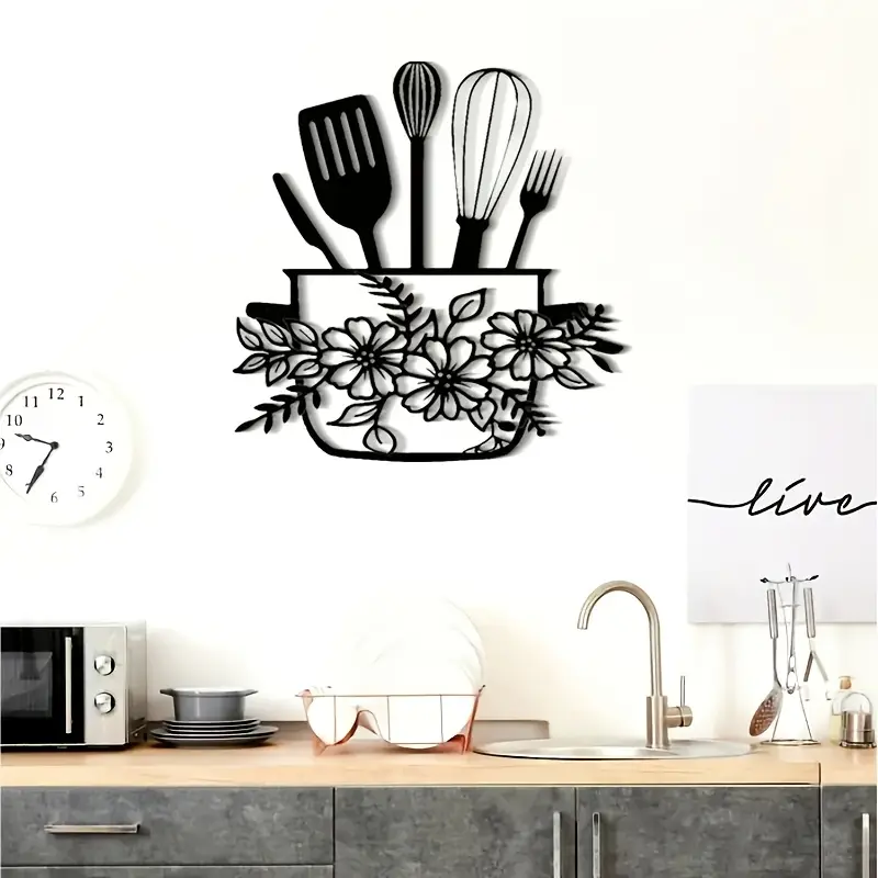 032_ab9b3fcf-9841-4b27-9303-7e79e6687150 Black Floral & Kitchen Utensil Design - Home Wall Decor - Image 1