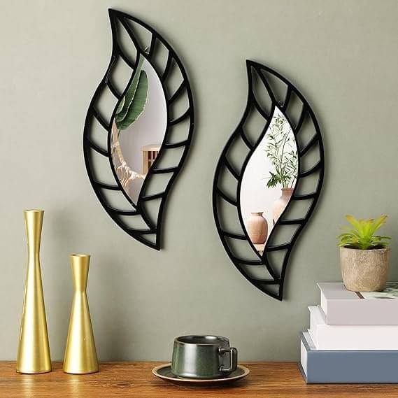 Mirror Wall Decor Mounted Art Leaf Mirror Decorative Teardrop Mirror Wall Decorations for Living Room Bedroom Bathroom Vanity Entryway Office(Black) - Image 1
